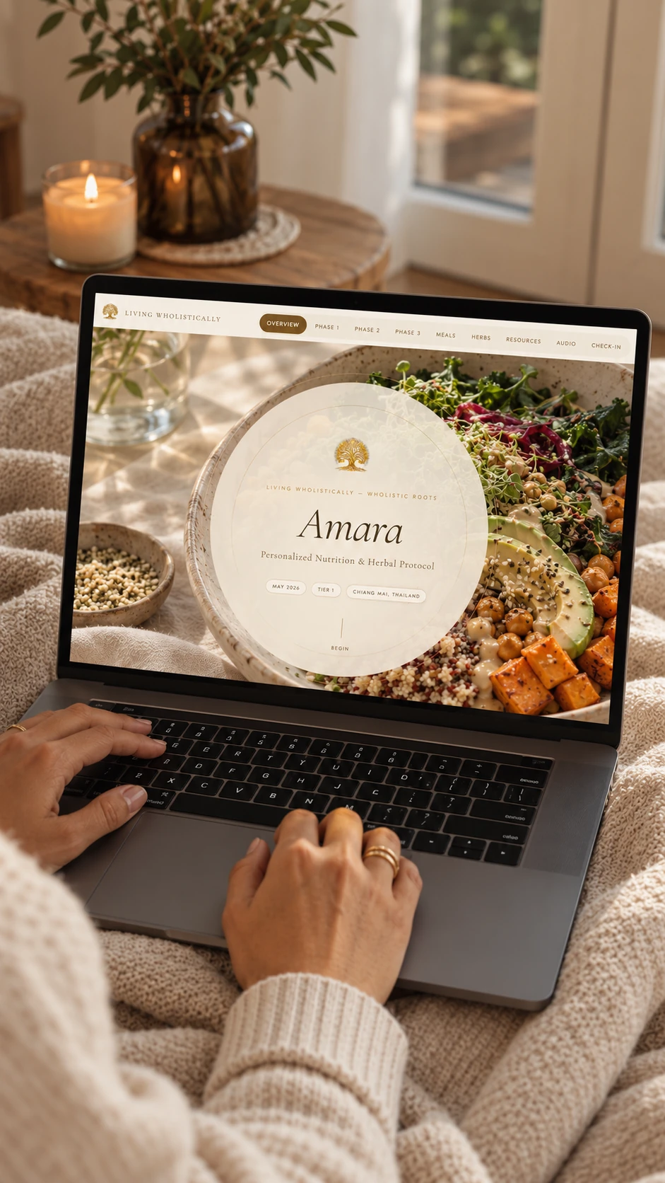 Cover for The Protocol: a laptop open on a knit blanket, showing a personalised nutrition and herbal protocol