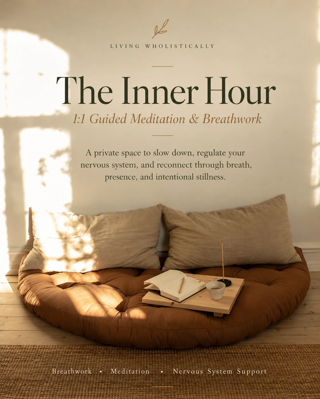 Cover for The Inner Hour: a floor cushion with pillows, an open journal and a cup of tea in warm window light